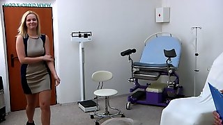 Pretty Leggy Blonde Undresses In Gyno Cabinet For Exam